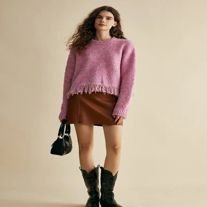 Cotton Candy Touch Does Not Stick To The Skin Giant Warm Wool Sweater Women's 2024 New Tassel Loop Yarn Sweater Free Ship