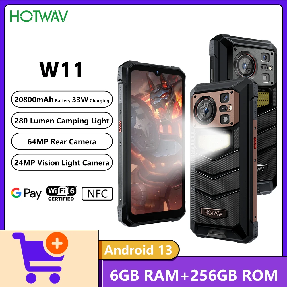 Прочный телефон HOTWAV W11, 6,6 дюйма, FHD+, аккумулятор 20800 мАч, зарядка 33 Вт, 6 ГБ ОЗУ + 256 ГБ ПЗУ, 64 МП, камера, 280 лм, светильник для кемпинга, Android 13 Прочный телефон HOTWAV W11, 6,6 дюйма, FHD+, аккумулятор 20800 мАч, зарядка 33 Вт, 6 ГБ ОЗУ + 256 ГБ ПЗУ, 64 МП, камера, 280 лм, светильник для кемпинга, Android 13