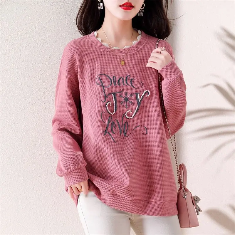 Stylish Letter Embroidery Sweatshirts Beading Spring Autumn Korean Loose Women's Clothing Casual O-Neck Basic Commute Pullovers