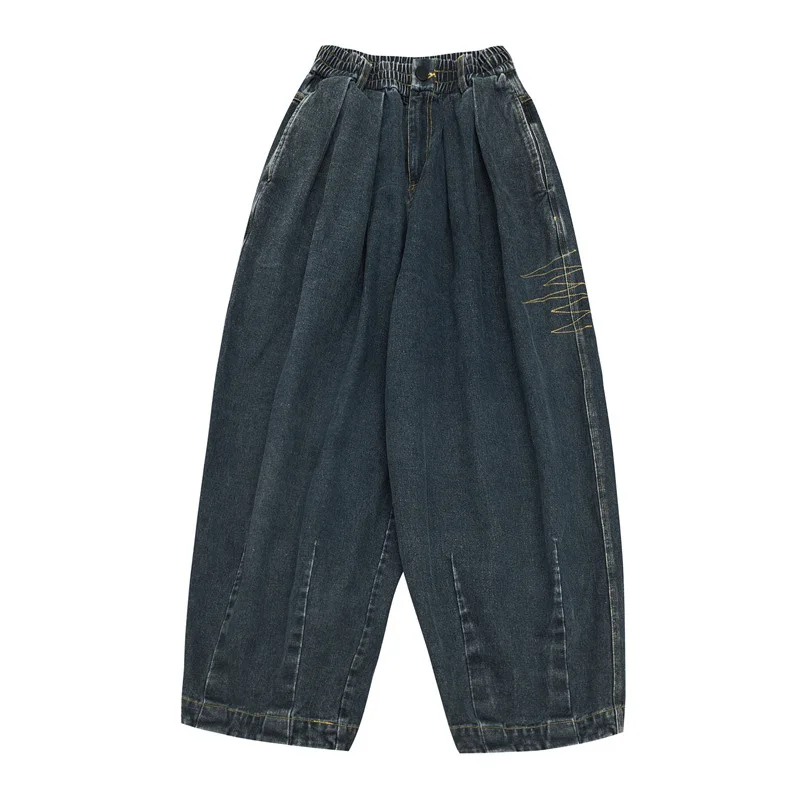 Japan Style Elastic Waist Men Retro Wide Leg Jeans Stitching Line Mens Loose Denim Pants Casual Streetwear Ankle Length