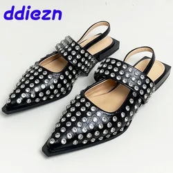 New 2024 Pointed Toe Sandals Women Flats Shoes Fashion Crystal Shallow Rhinestones Footwear Slingbacks Ladies Sandals Shoes