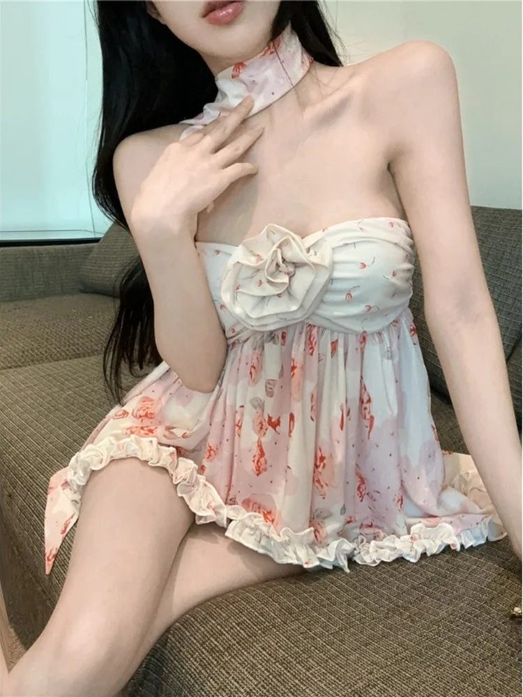 Nieregularne seksowne topy letnie koszule bluzki bez rękawów damskie kwiaty głęboki dekolt słodki kwiatowy nadruk z falbankami top z odkrytymi plecami