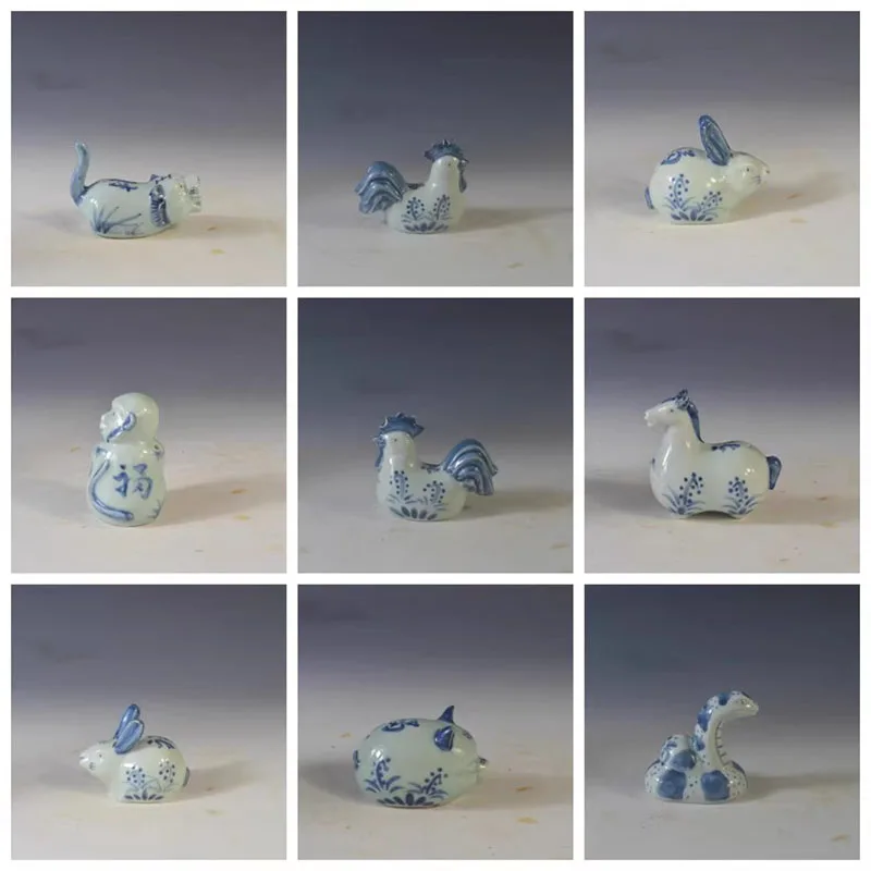 Antique Style Chinese Porcelain Water Dropper, Blue and White 12 Zodiac Animals Calligraphy Tool, Desk Scholar's Accessory