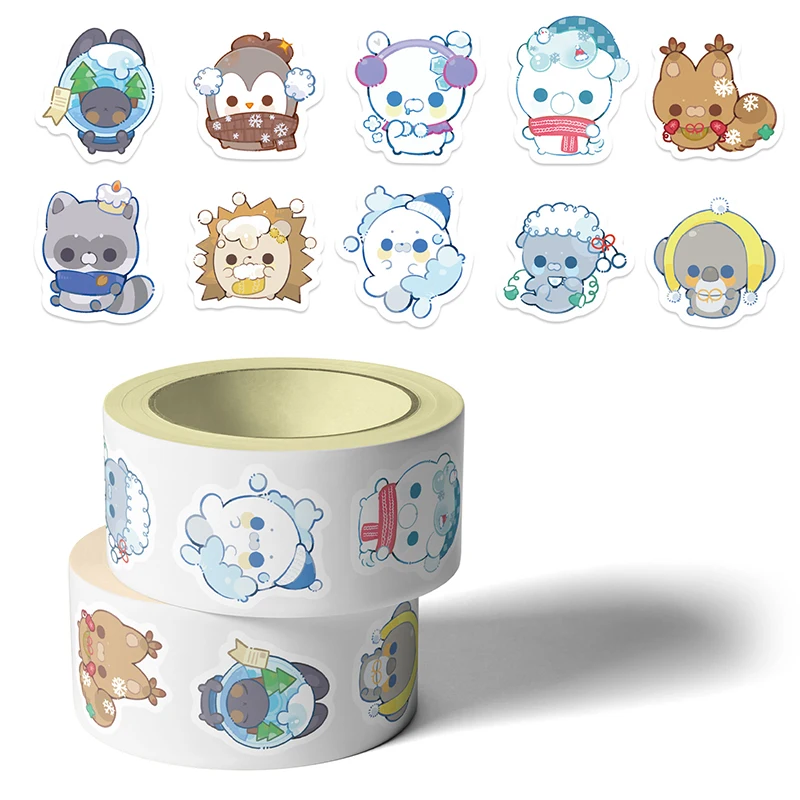 500PCS 1 Roll Winter Animals Stickers Cute Cartoon Polar Animal Sticker Office Supplies Incentives Animals Decals for Scrapbook