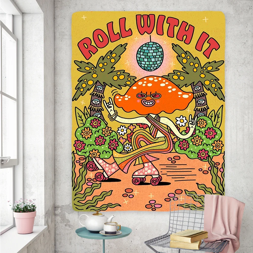 Mushroom Hippie Printing Tapestries Aesthetic Floral Retro Wall Hanging  Living Room Cartoon Dormitory Psychedelic Decorative