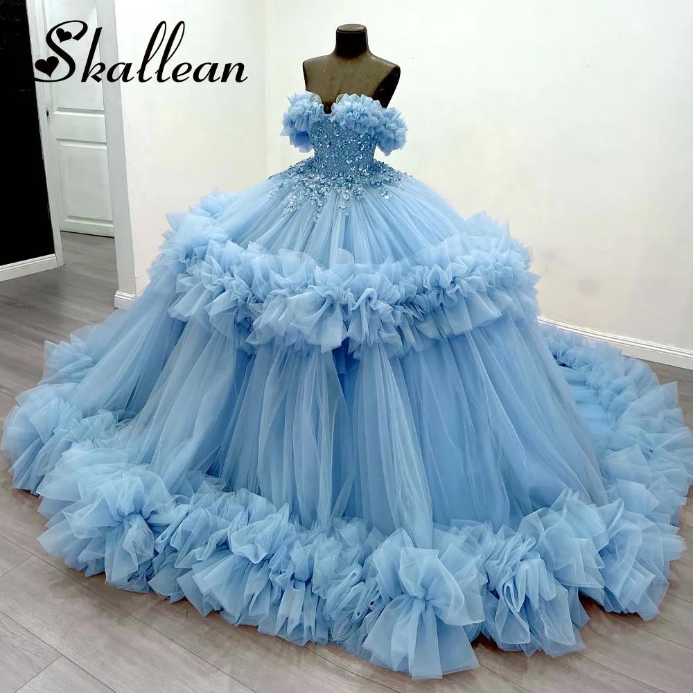 فساتين Quinceanera الساحرة من Skallean للفتيات مطرز بالخرز مكشكشة مكشوفة الكتف مطرزة بالترتر رداء Princesse Bleu Femm مخصص
