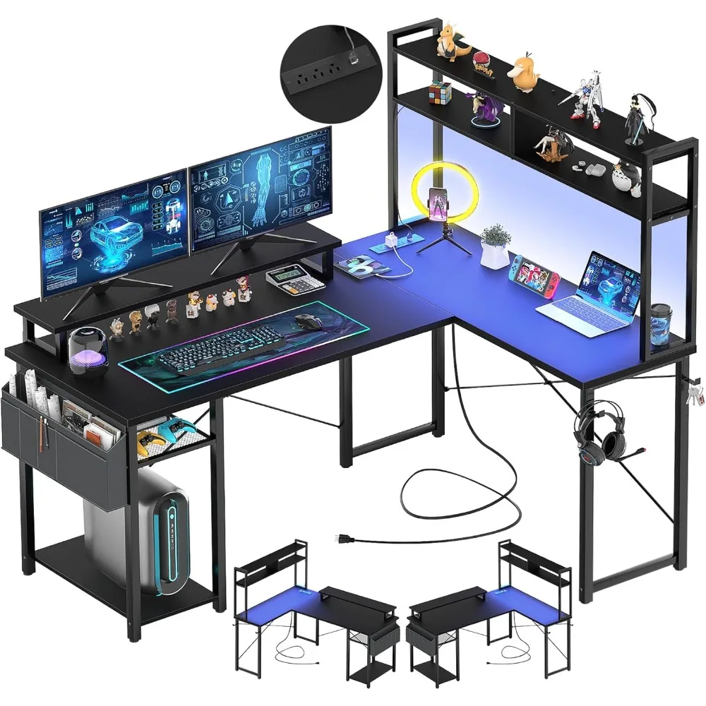 

Gaming Desk with LED Lights & Power Outlets, Reversible L-Shaped Computer Desk with Monitor Stand & Storage Shelf