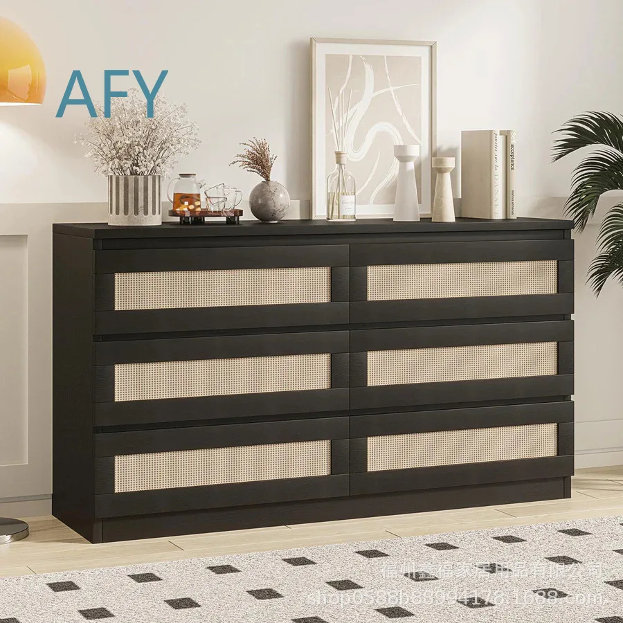 Rattan Wardrobe for Bedroom with Six Drawers Double Doors Anti Dump Device Storage Cabinet Modern Home Furniture Organizer