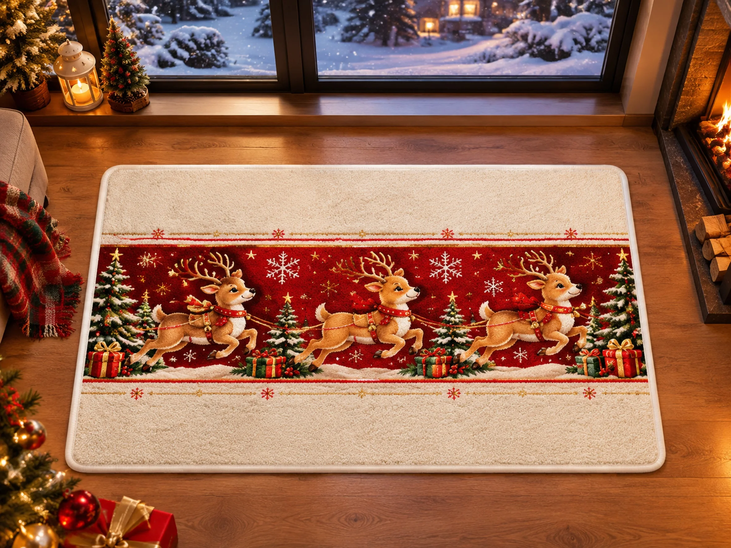 VIKAMA Christmas Red Gold Reindeer Flannel Door Mat, Quick Dry Non-Slip Floor Mat, Xmas Decor for Kitchen, Bathroom, Hallway