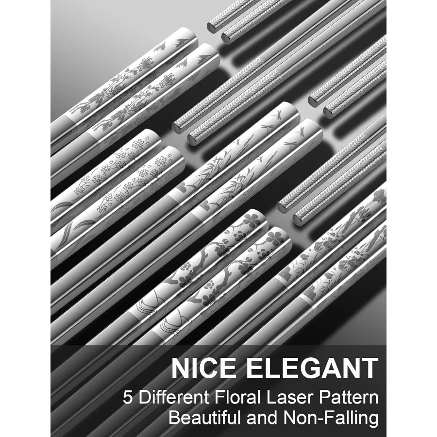عيدان تناول الطعام المعدنية القابلة لإعادة الاستخدام 18 8 عيدان تناول الطعام من الفولاذ المقاوم للصدأ 5 أزواج تصميم زهور شرقية كلاسيكية آمنة للاستخدام في غسالة الأطباق وخفيفة الوزن #4