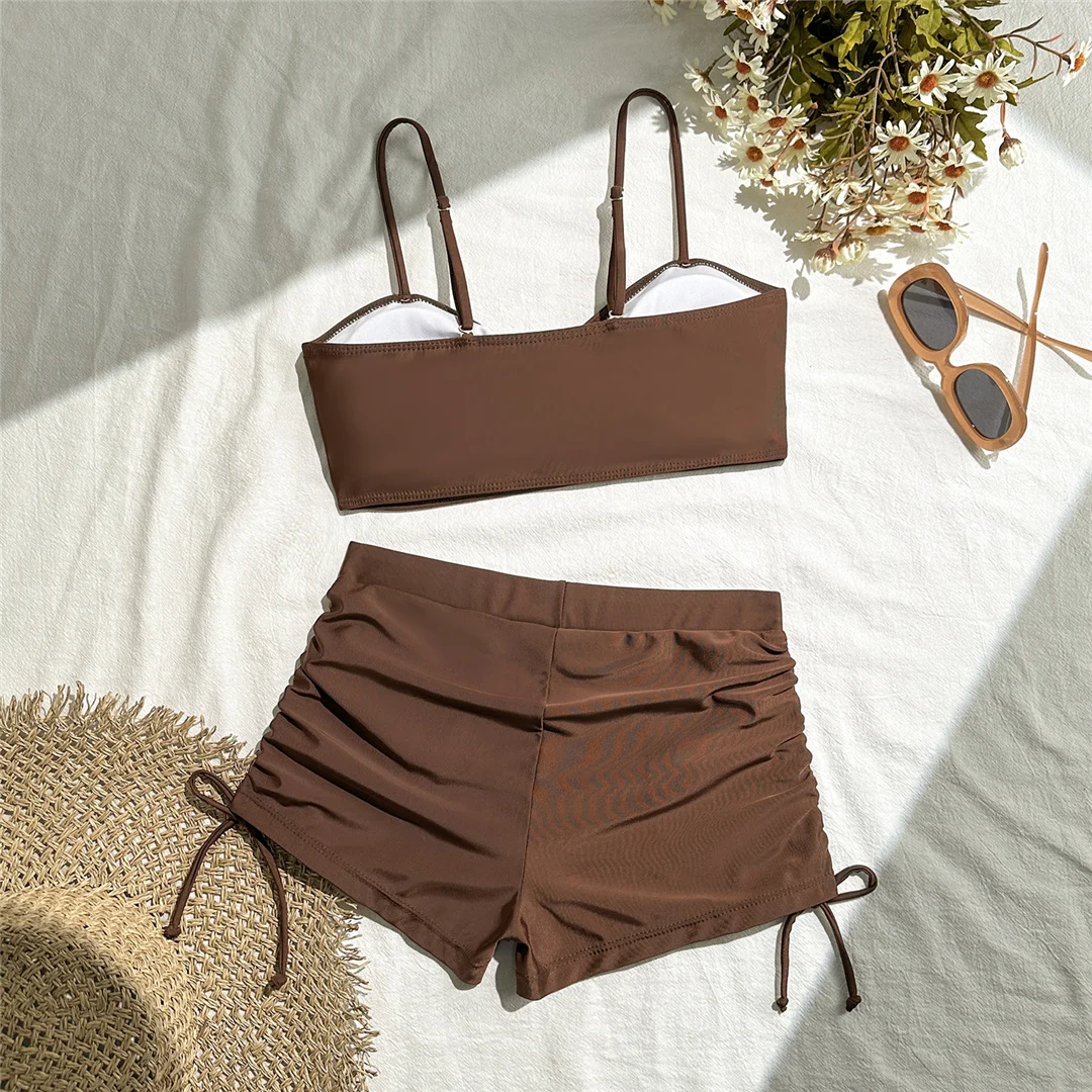 Geknitterte, geknotete Shorts, Bikini mit hoher Taille, Damen-Badeanzug, zweiteiliges Bikini-Set, Badebekleidung, Badeanzug, Schwimmanzug V6197 – Detail 18