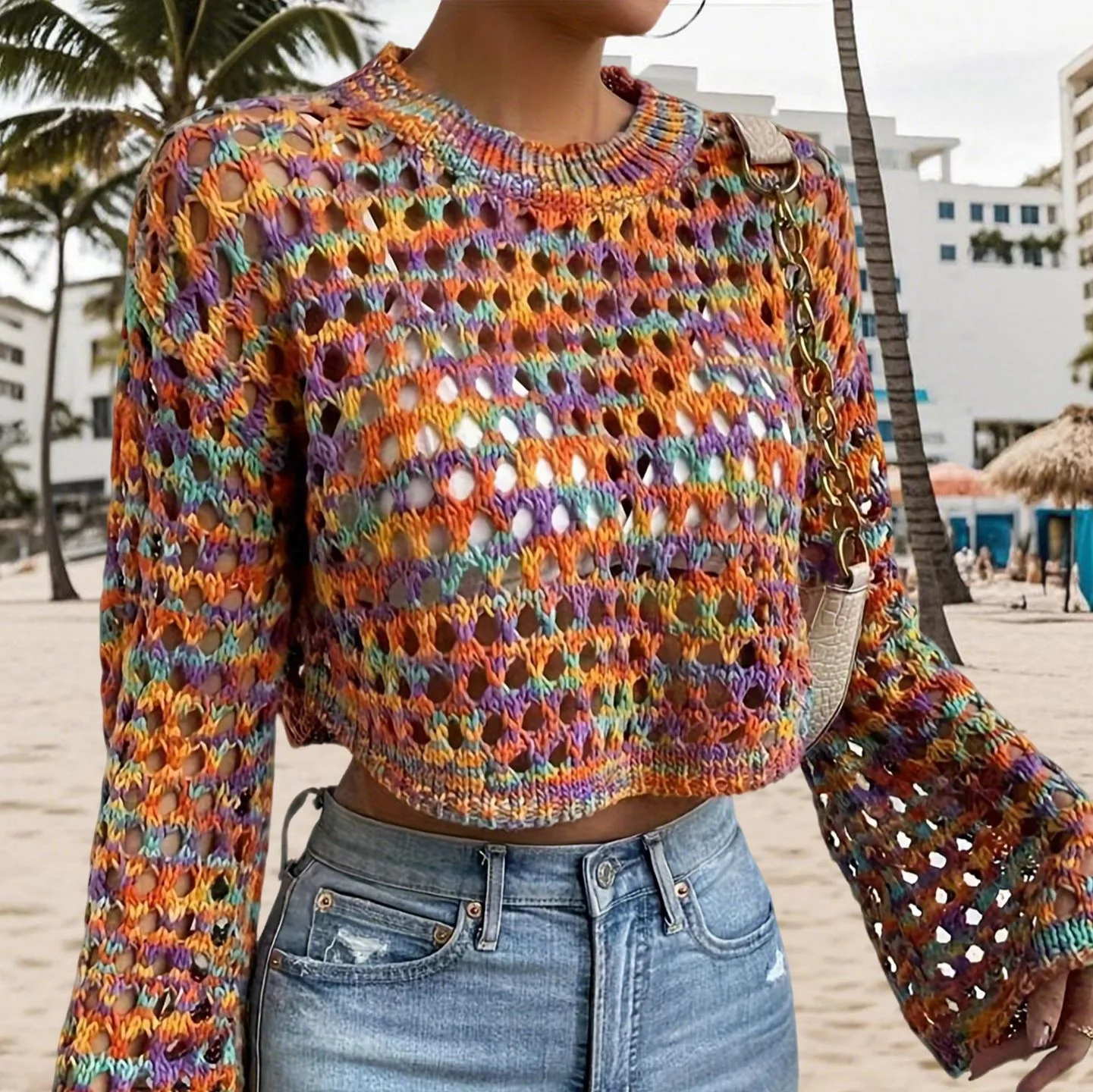 

Women Knitted Pullovers Jumpers Rainbow Color Sweaters Cutout O Neck Flared Sleeve Short Loose Office Lady Casual 2025 Summer