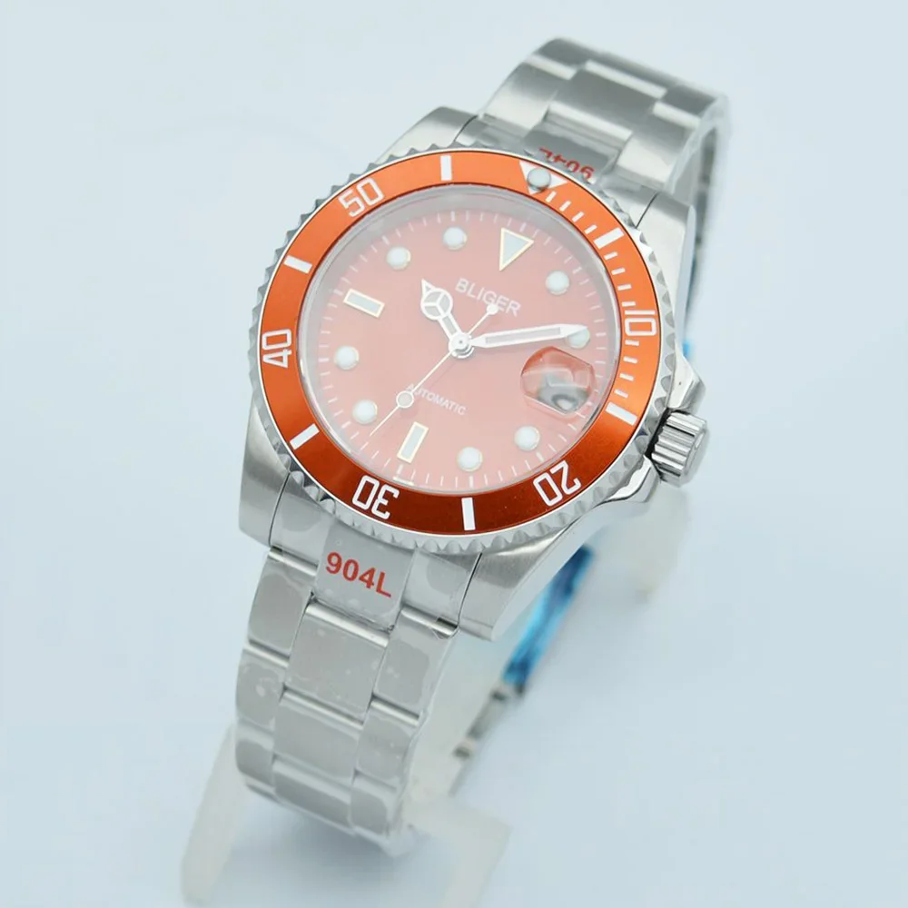 BLIGER 40mm Mechanical Watches 24 Jewels NH35A Automatic Mens Watches Clear Glass Back Ceramic Bezel Insert Orange Dial Luminous