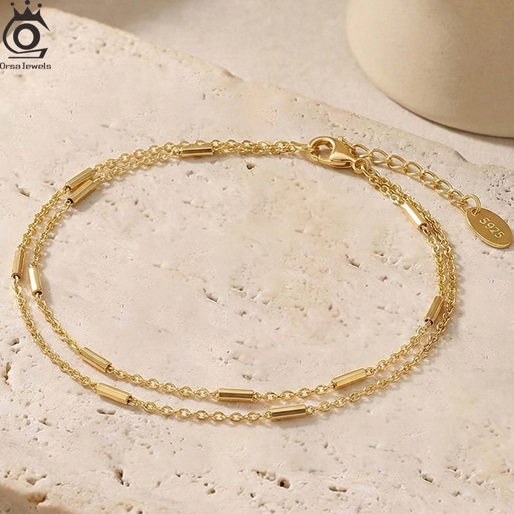 

ORSA JEWELS 925 Sterling Silver Double Cable Chain Anklet with Horizontal Bar for Women Fashion Summer Foot Chain Jewelry SA35