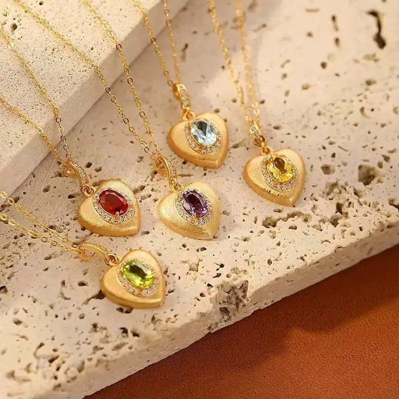 

Trendy Golden Heart Shape Pendant Necklace for Women Handcrafted Inlay Colored Gemstone Dinner Party Luxury Jewelry Collar Chain