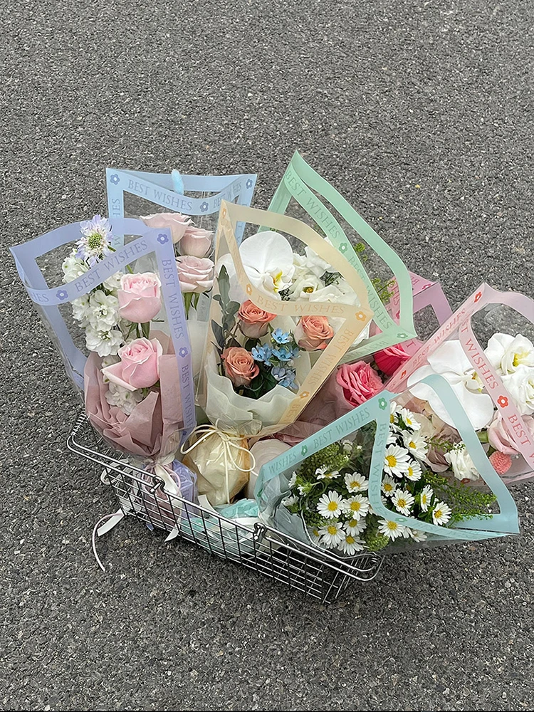 Valentine\'s Day Sweet English Letter Multi Bouquet Bag, Transparent Single Flower Bag, Floral Wrapping Paper, 50pcs