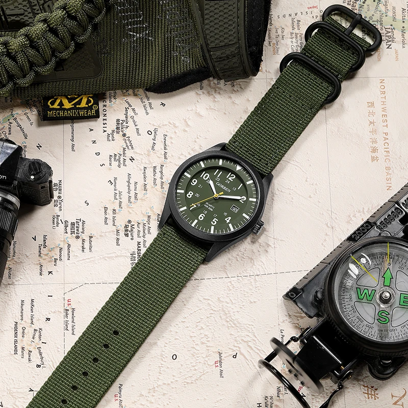 Military Watch for Men Luminous Hands Sports Nylon Belt Quartz Wrist Watches Wristwatch Reloj Army Green Male Chronograph Clock