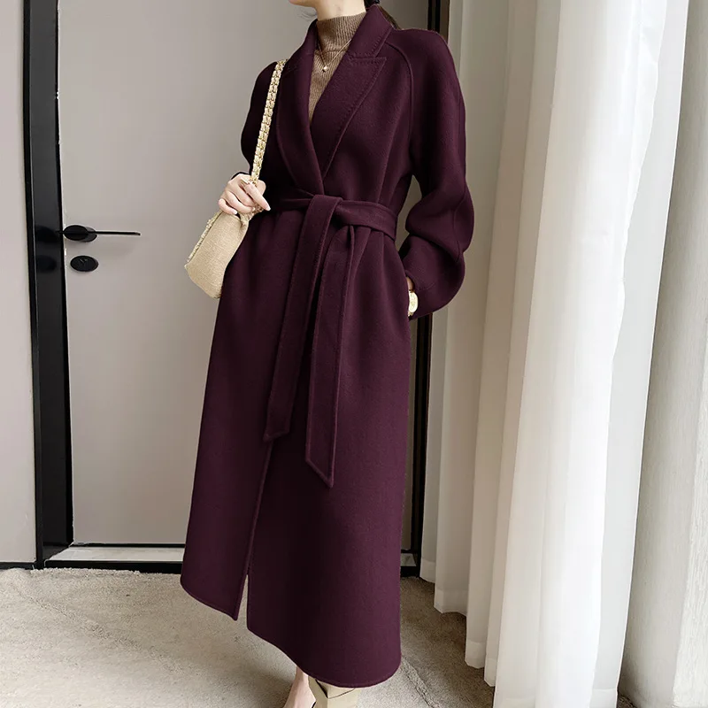 

2023 High-end Winter Cashmere Coat Women Long Wine Red Slim Lapel Black Lace-up Wool Coat Female Camel Casual Temperament Commut