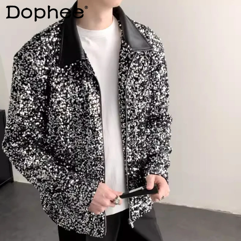 

Men's 2026 Spring New Fashion Lapel Sequin Jackets High-end Shiny Stylish Trendy Outerwear Tops Bling Bling Long Sleeve Coats