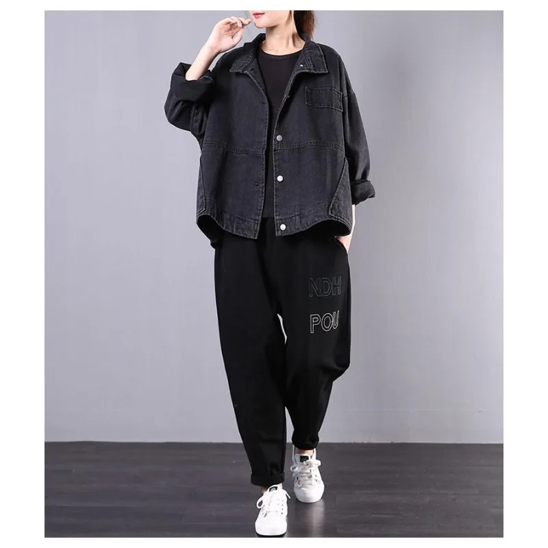 سترة دينم لخريف 2025 سترة نسائية فضفاضة كبيرة الحجم أدبية ورجعية من قماش الدنيم القديم بأكمام طويلة سترة قصيرة BF #6