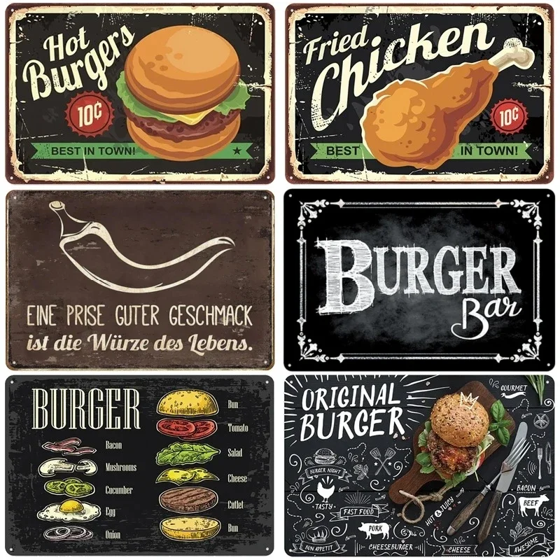 Vintage Metal Tin Signs Hot Burgers Plaque Posters Fried Chicken Retro Plate Wall Decor for Kitchen