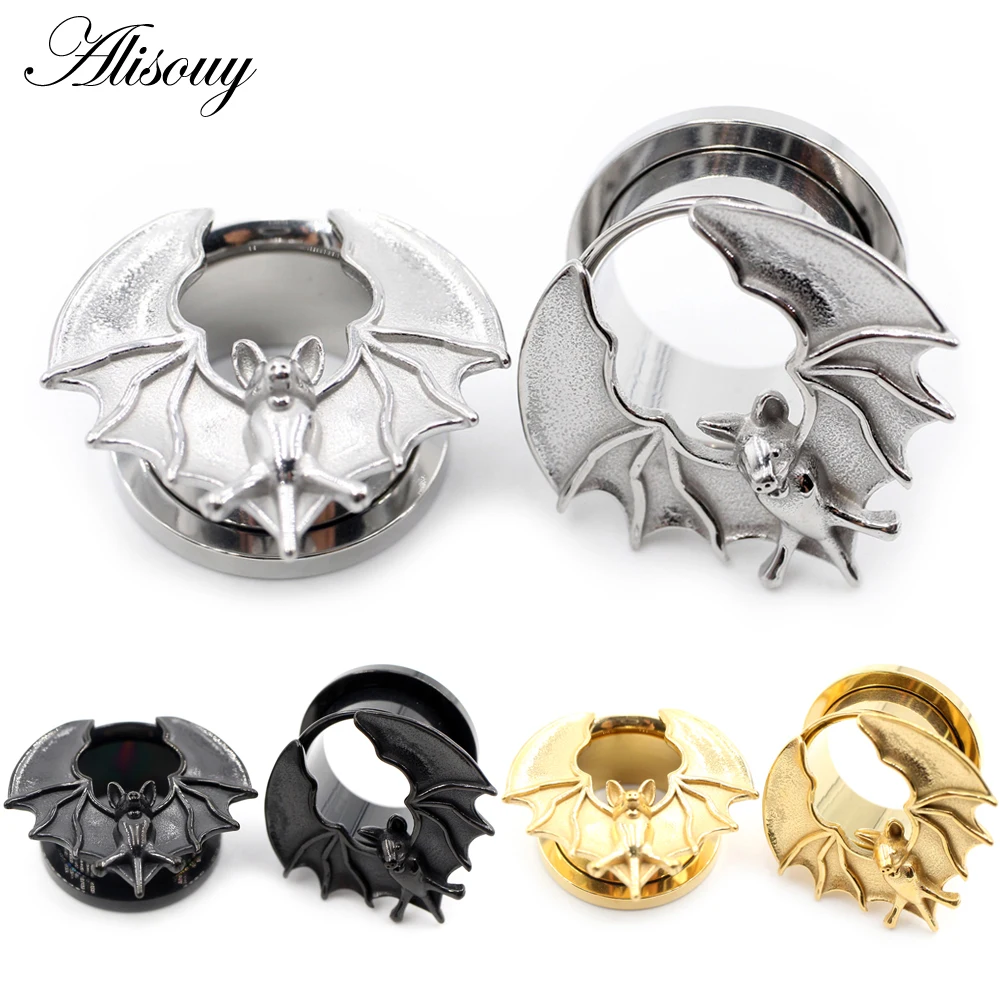 Alisouy 1szt 8-16mm Stal nierdzewna Halloween Bat Thread Tunelki do uszu Wtyczka Flesh Expander Rozciągacze Mierniki Piercing Biżuteria do ciała