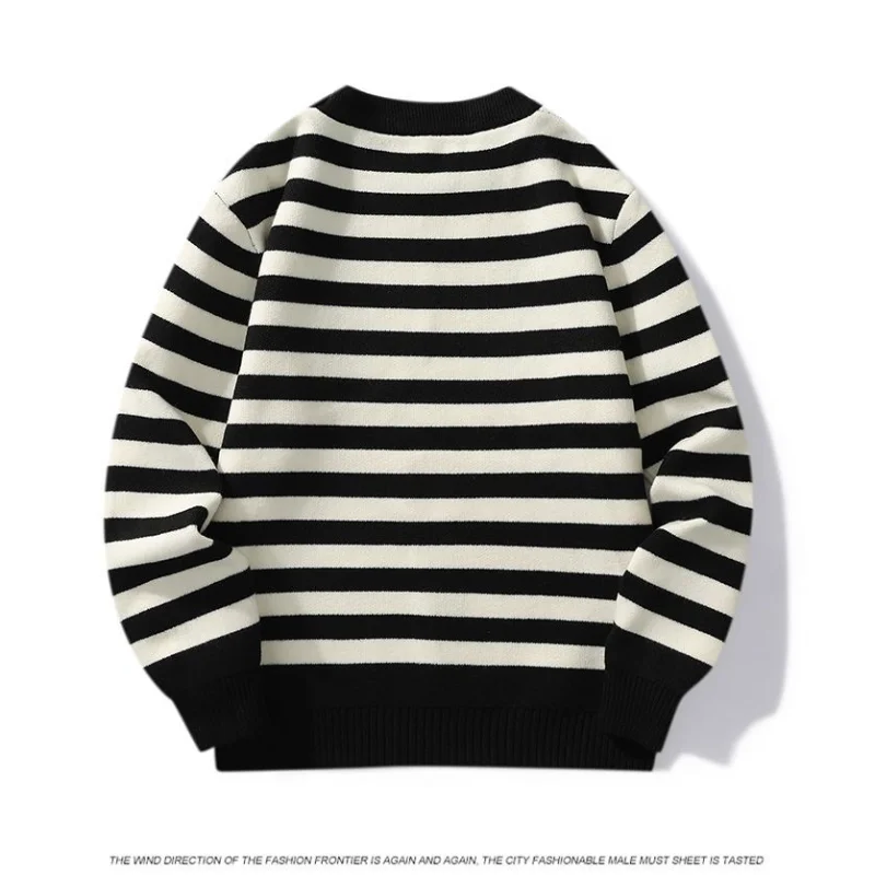 Engrossado em torno do pescoço listrado camisola masculina topo solto na moda marca tendência quente casual fundo