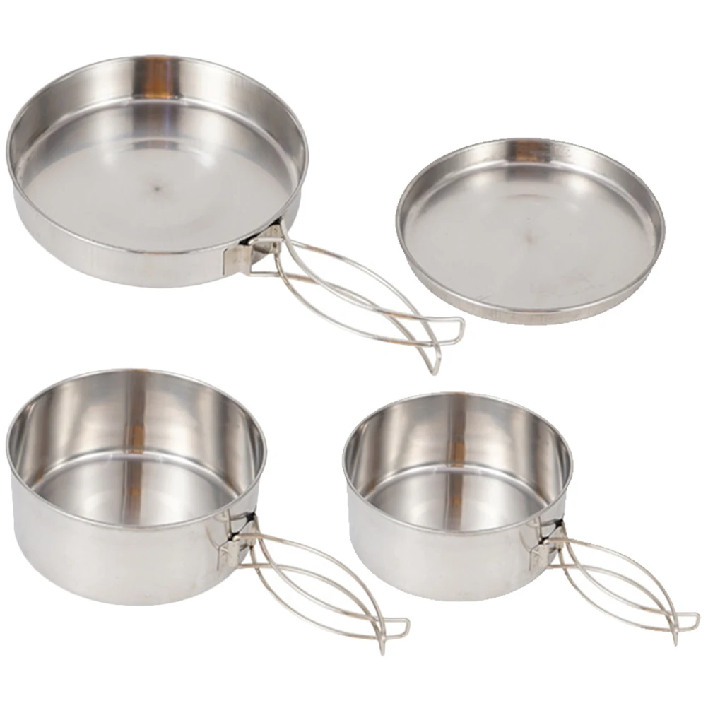 

Stainless Steel Camping Cookware Set Portable Outdoor BBQ Kitchen Utensils Bowls Plates Cups Frying Pan Long Handle for 2-3