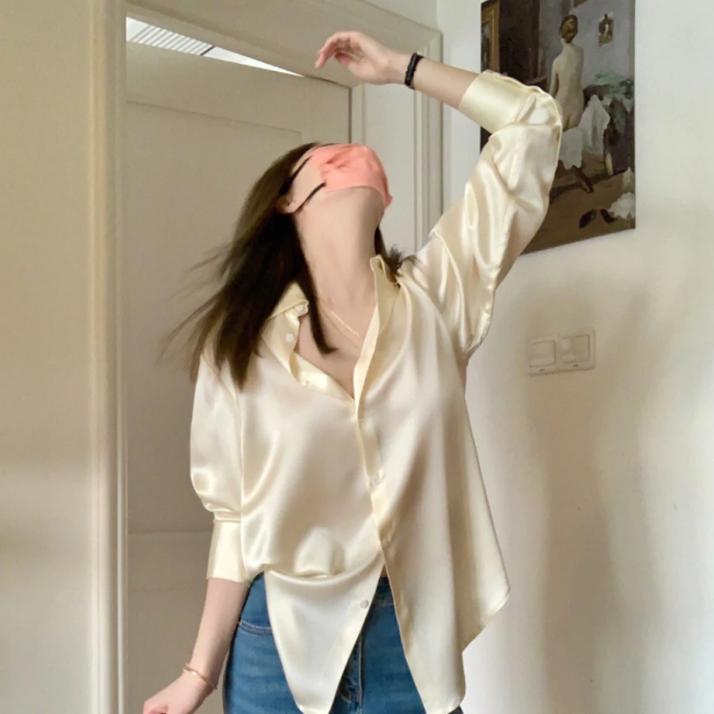 

French high-end satin lapel solid color shirt summer women's silk shirt temperament long sleeved top,elegant office top