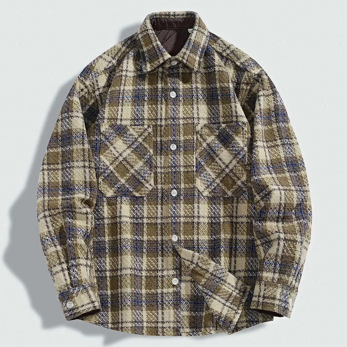 A trendy men's heavyweight knitted checked shirt, a thick, long-sleeved shirt jacket with a lapel for the new autumn collection