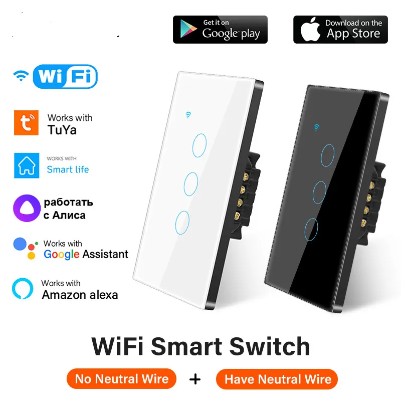 CORUI Tuya WiFi 1/2/3/4 Gang Light EU US Smart Touch Switch Wall Button Neutral Wire Use With Alexa Google Home Alice Smart Life