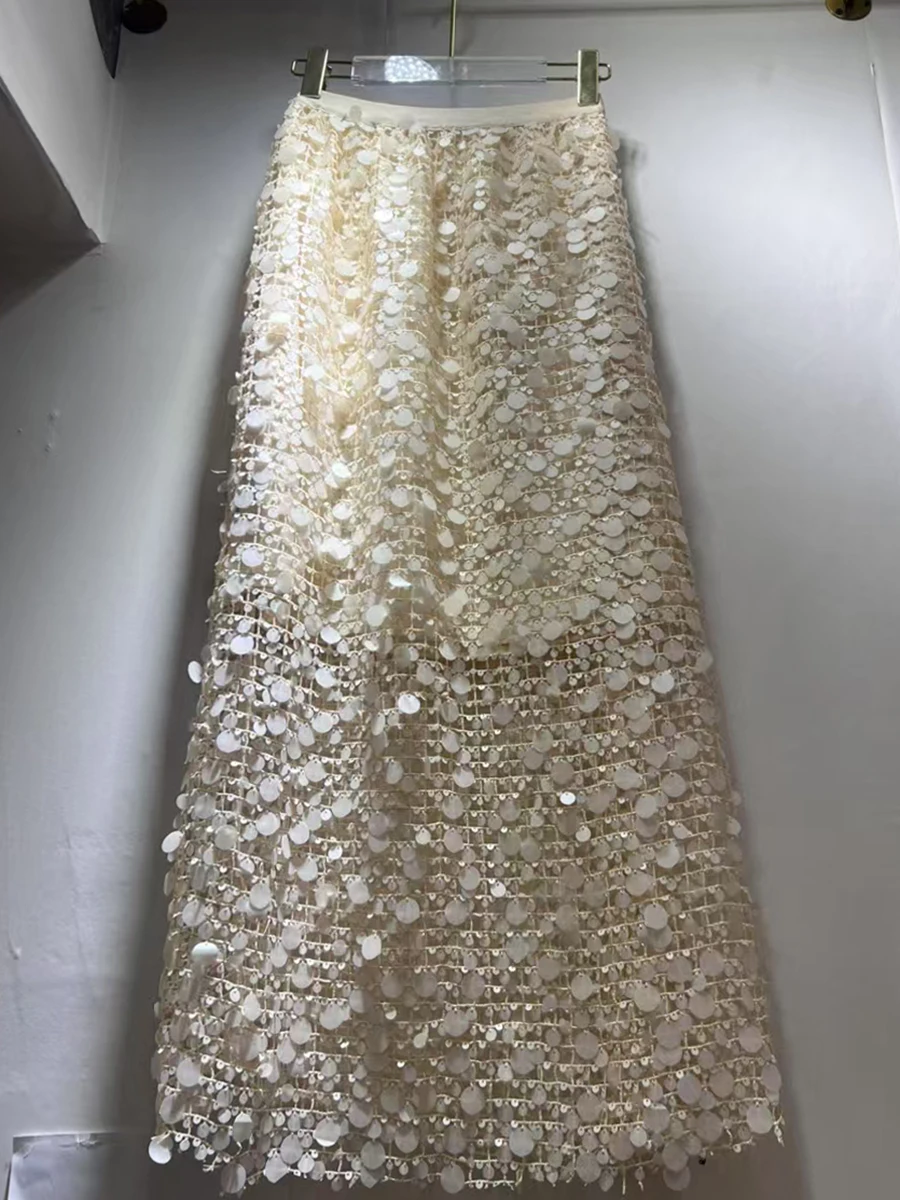 GALCAUR Solid Spliced Hollow Out Elegant Skirts for Women High Waist Patchwork Sequin Temperament Skirt Female Clothing Style