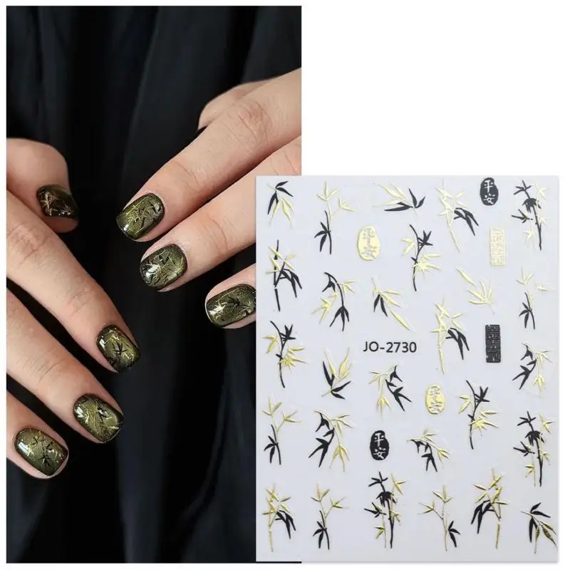 Leaf Hot Stamping Plant Botany Calligraphy Characters Self Adhesive Nail Art Stickers Rhinestone Manicure Decals Antique Bamboo