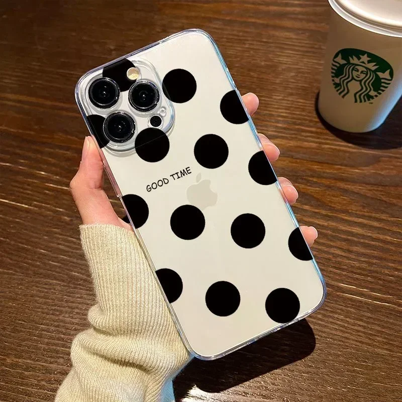 Simple Fashion Polka Dots Transparent Phone Case for iPhone 16 14 15 11 12 13 Pro Max 13Mini 7 8 15 Plus SE Black Clear Covers