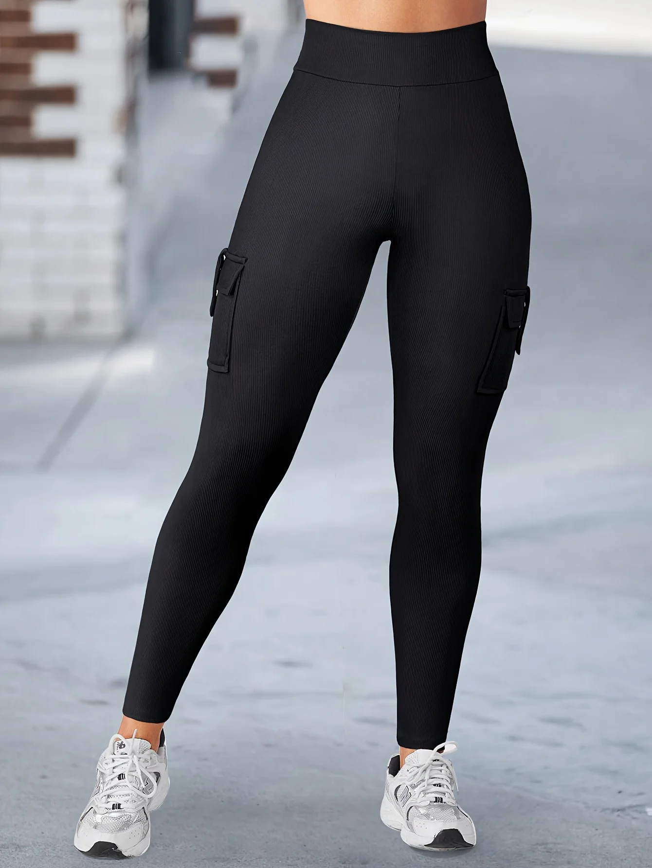 Casual Yoga High Elastic High Waisted Hip-Lifting Tight Fit Flap Pocket Ribbed Cargo Pants Leggings For Fitness, Running Sports