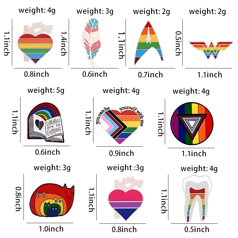 Alfileres personalizados, libro de arcoíris, broches con forma de corazón y diente de plumas de gatos, insignias de solapa, regalo de joyería para amantes del socio, esmalte del orgullo LGBT