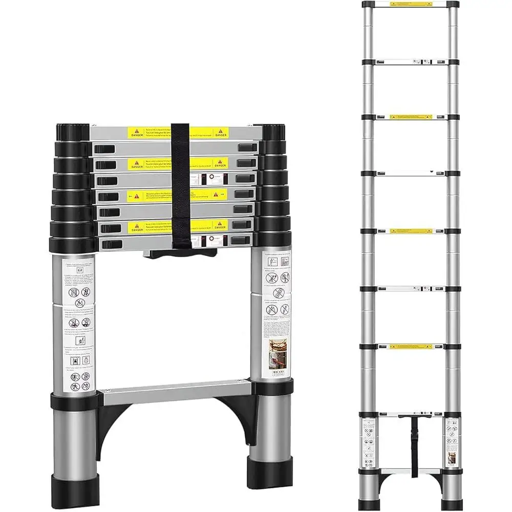 Telescoping Extension Ladder 8.5FT Lightweight Portable Aluminum Ladder 330lbs Capacity with Stabilizers Anti-Slip Pedal Home