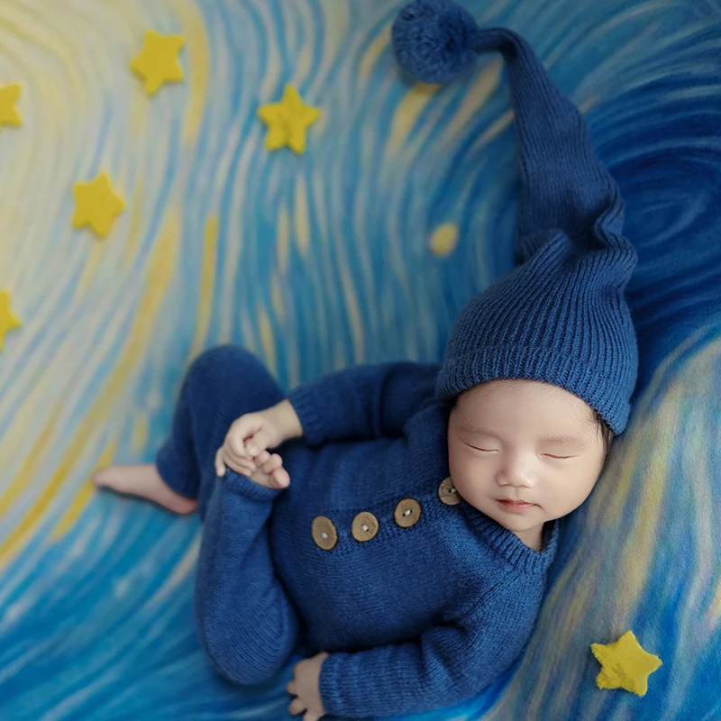 KD Newborn Photography Clothing Knitted Ball Hat Jumpsuit Outfit Blue Starry Sky Theme Felt Moon Stars Baby Girl Boy Photo Props