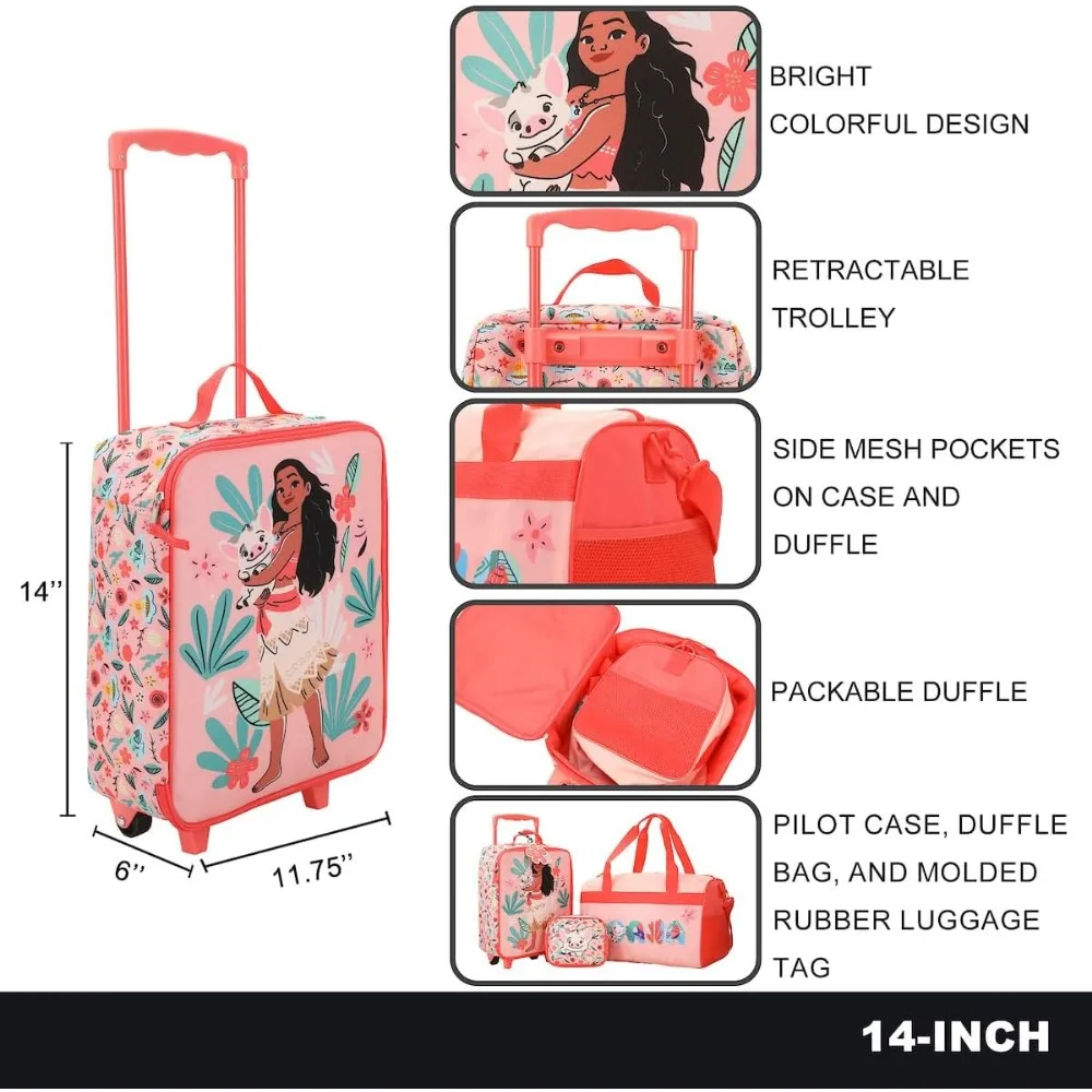 Juego de equipaje de mano juvenil de 4 piezas con Moana Pua y estampado tropical para aventuras de viaje