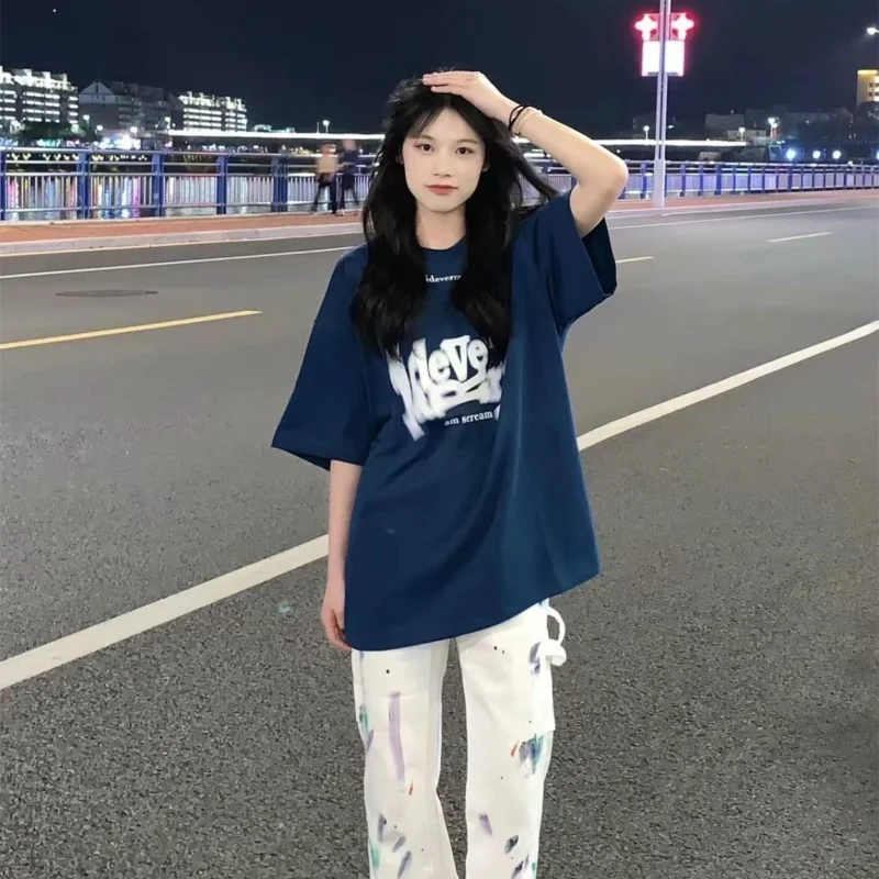 DAYIFUN-Women's Short-Sleeved O-Neck Cotton T-shirt Summer Streetwear Korean Loose Casual Tops Oversized Graphic Tees New 2023