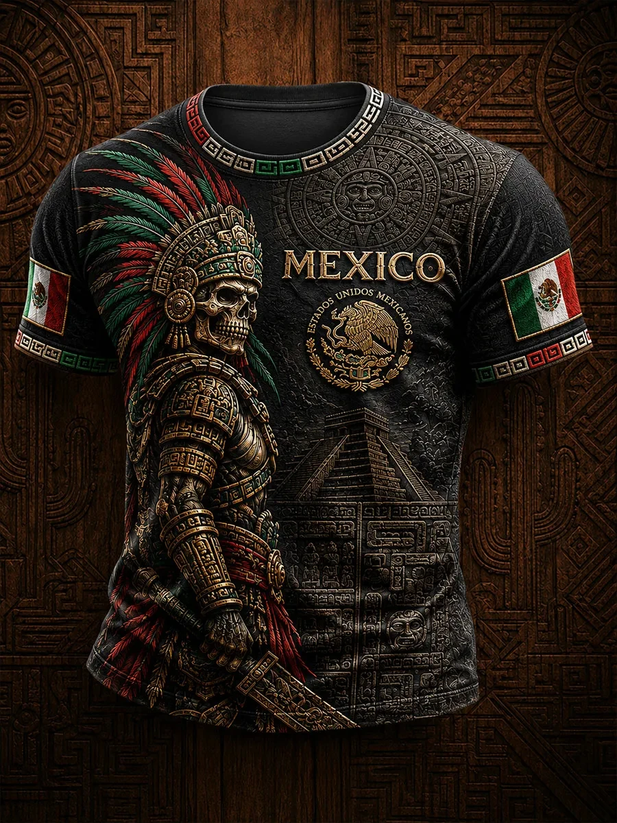 Mexikanischer Stil Azteken-Grafik Fußballtrikot T-Shirt für Männer und Frauen 3D-Druck Sport-Oberteil Kurzarm Lässige Outdoor-Sommerkleidung – Detail 2