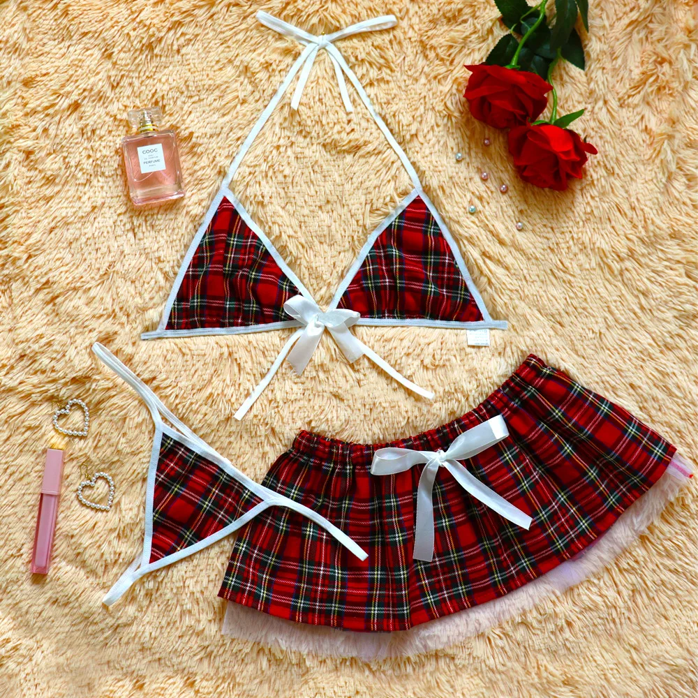 Sexy Lingerie Women Cosplay Student Uniform Mini Skirt And G-thong Set Erotic Underwear Triangle Erotic Soft Nightwear