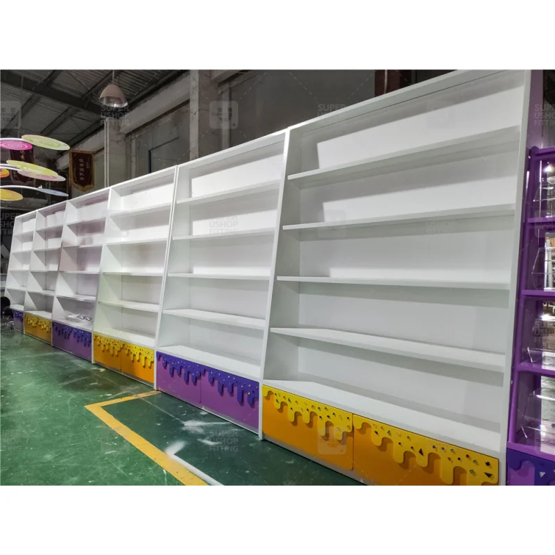 (Customized) Modern confectionery store wall display shelf colorful bespoke sweets shop interior design custom candy shop furnit