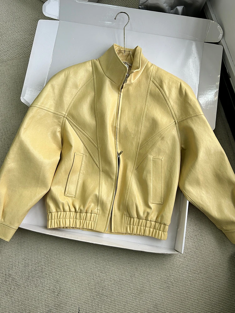 Lautaro Frühling Herbst Gelbe PU-Lederjacke für Damen mit Reißverschluss, Langarm, Looe Casual Luxus Designer Amerikanische Retro-Kleidung 2026 – Detail 4