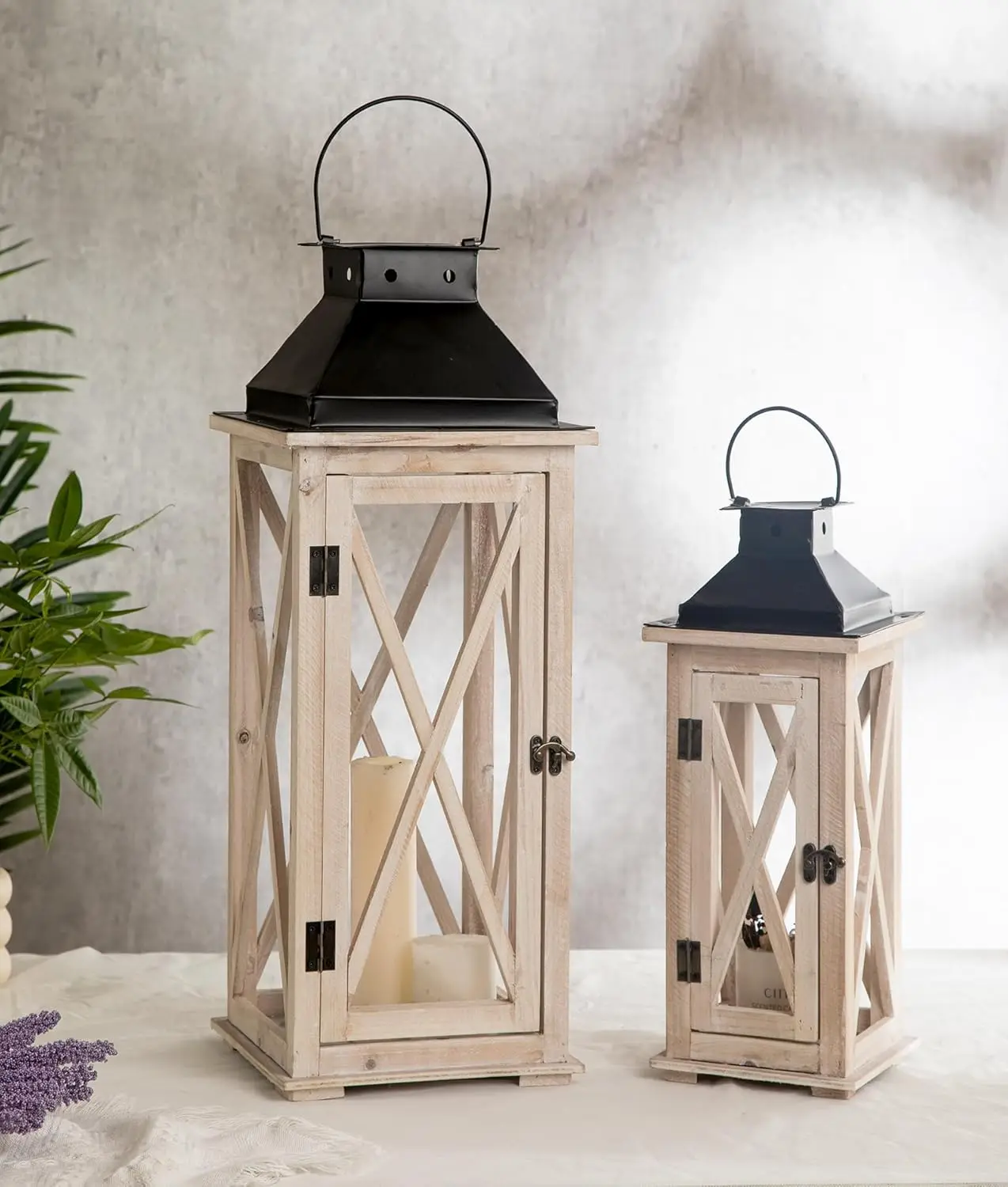 Large Wooden Candle Lanterns Decorative Set of 2, Rustic Farmhouse Whitewash Floor Lanterns, Indoor/Outdoor Hanging Lanterns for