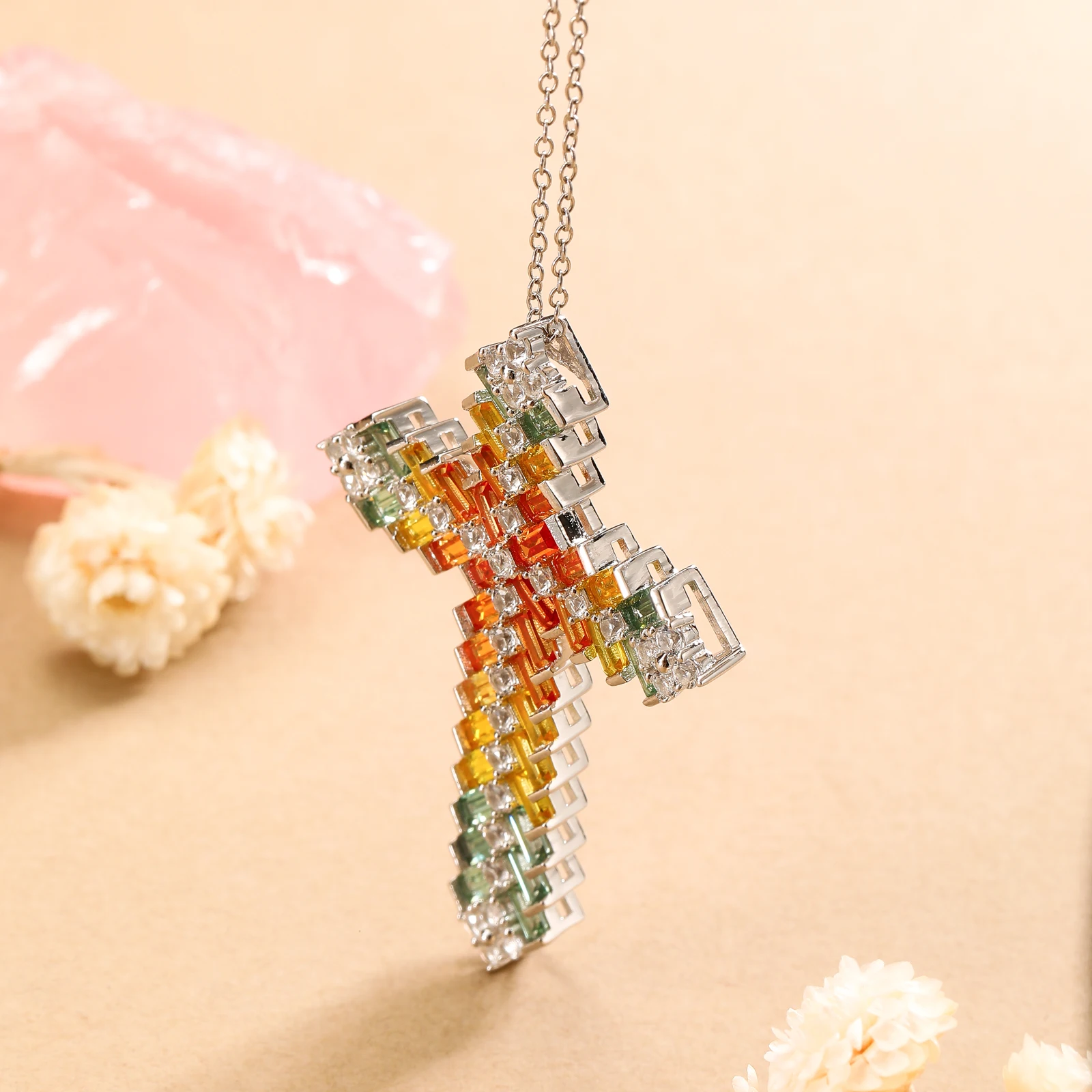 GZ ZONGFA 925 Sterling Silver Colorful Cross Necklace for Women 6.5ct Created Colorful Gemstone Sapphire Necklaces Fine Jewelry