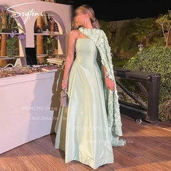 Elegant Sage Green Satin Evening Dresses With Jacket Strapless 3D Flowers Saudi Arabic Party Dress Formal Occasion Prom Gowns