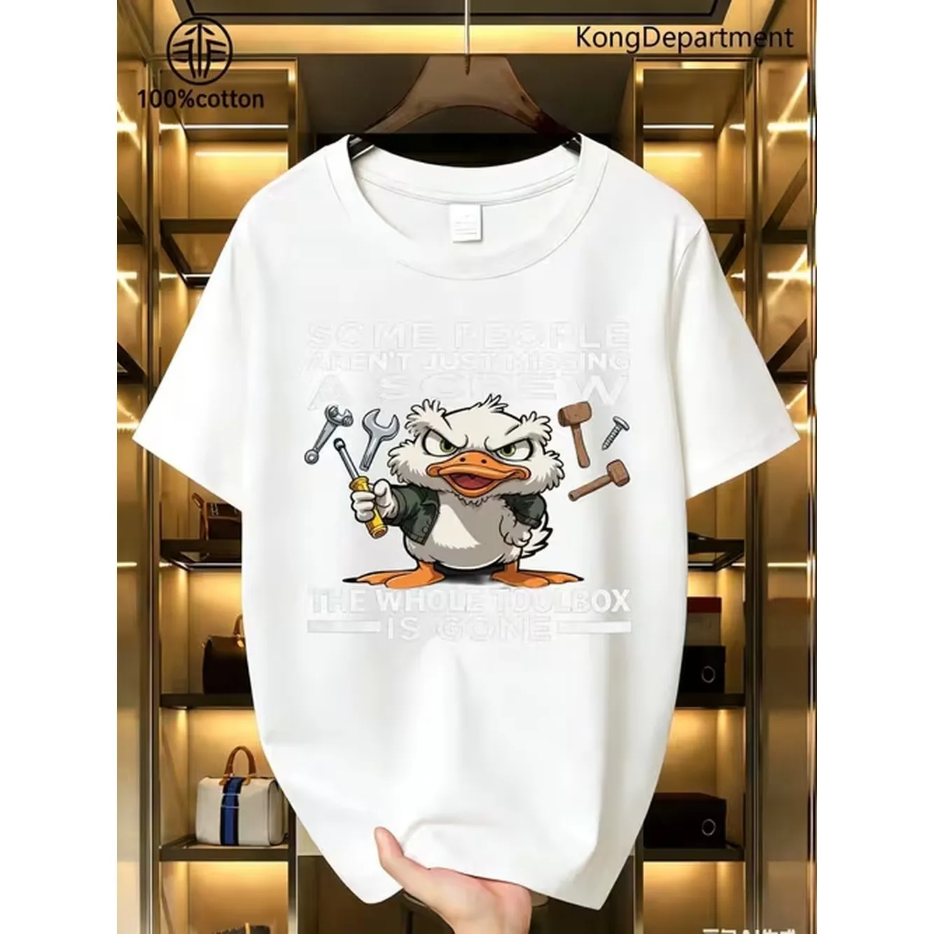 1pc funny angry duck with tools just a screw graphic t shirt 100 cotton loose neck tee suitable for men women y2k streetwear vintage casual top with humorous slogan machine washable gift apparel
