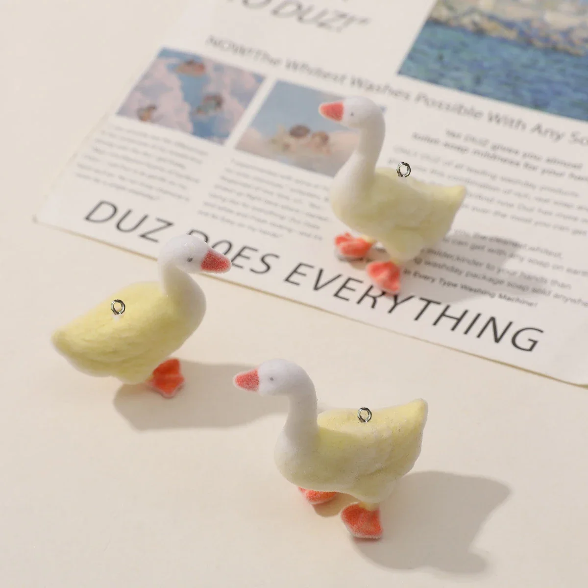 30Pcs 3D Cute Flocking Duck Charms  Cartoon Animal Resin Pendant  Earring Phone Keychain Accessories for DIY Crafts Jewelry Make