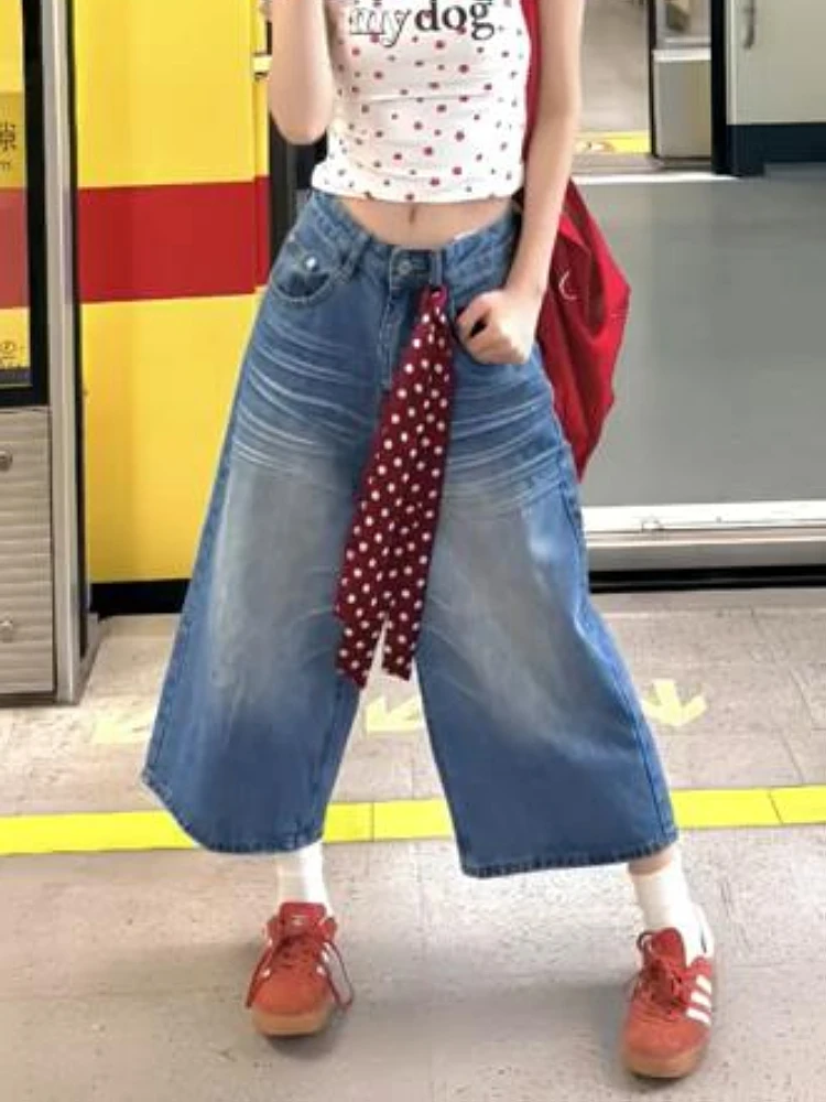 

High Waist Loose Casual Wide Leg Seven-Foot Jeans Women's plus Size American Retro Washed Folded Denim Pants Street Style